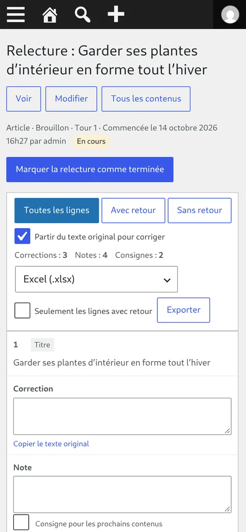 L'écran de relecture de l'extension Relecture, sur téléphone